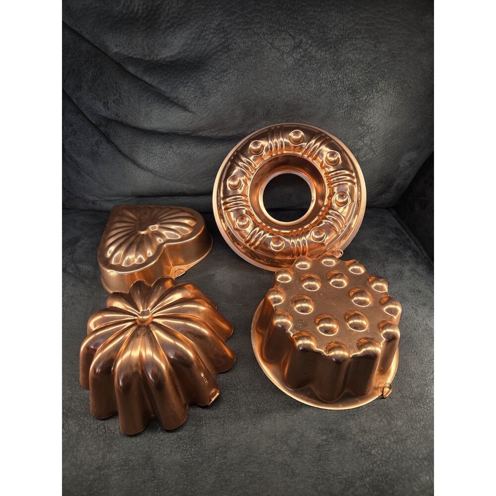 Vintage Copper Jello Mold Set of 4 | Heart Ring Fluted Hobnail Kitchen Wall...
